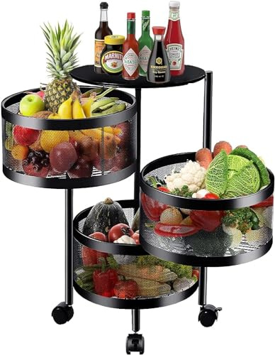 BURAKH 4 Tier Storage Rack Kitchen Rotating Vegetable Serving Trolley Cart Shelf | Kitchen Rotating Vegetable Rack | Fruit Storage Basket with Wheels Round Vegetable Storage Trolley