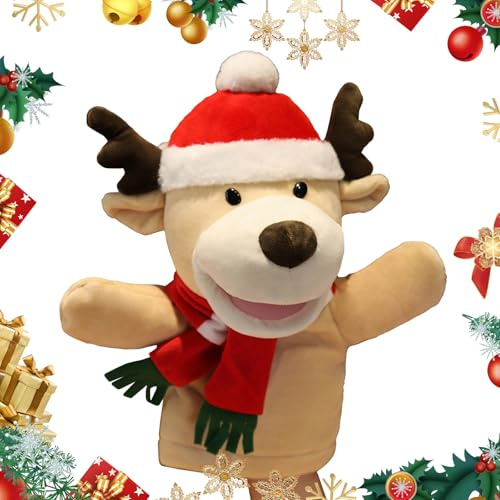 PLUSHCEWT Burattino di Mano di Natale Pupazzo di neve di Babbo Natale Marionette di Renna Giocattoli per Bambini Bambola di Peluche di Natale con bocca aperta per la narrazione Insegnamento (A)