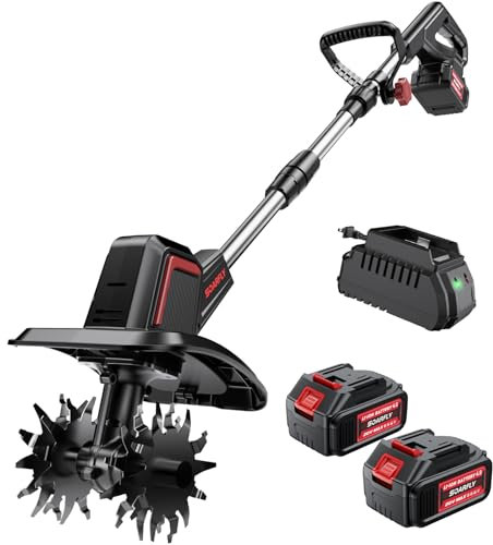 SOARFLY Motozappa elettrica senza fili per giardinaggio, totale 8,0 Ah alimentato a batteria, mini coltivatore con 2 batterie da 4,0 Ah e caricabatterie, larghezza 22,9 cm, profondità 16,8 cm, 48