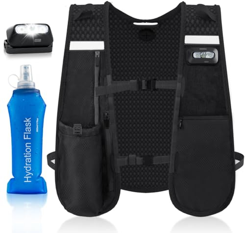 Nextyu Running Vest, Adjustable Reflective Hydration Vest Pack with Phone Holder, 500ml Soft Water Bottle and Headlamp, Perfect for Men Women Running Cycling Hiking Climbing
