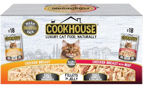 COOKHOUSE 100% Natural & Complete Luxury Wet Cat Food - 36 x 70g Pouches - Chicken Breast/Chicken Breast with Beef - Fillets in Jelly