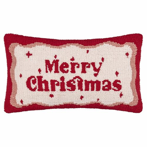 furn. Cuscino imbottito in piuma Candy Merry Christmas - Cuscino trapuntato con slogan festivo e bordo ondulato (rosso/bianco - 30x50cm)