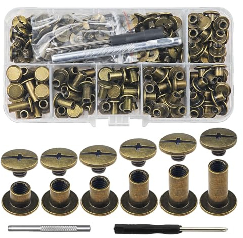 FONHREW 130 Set Chicago Skruvar M5 x 4/5/6/8/10/12mm Bindningsskruv, Läderskruvar, Nits för Läder, För DIY, väskor, böcker, koppel, halsband, ryggsäckar (brons)