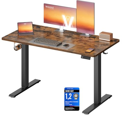VASAGLE Bureau Électrique Réglable en Hauteur, Bureau Assis-Debout, Table, Rappel de Sédentarité, Fonction Mémoire 4 Hauteurs, Télétravail, 120 x 60 cm, Marron Rustique LSD312KD03