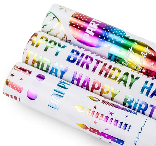 Birthday Wrapping Paper Roll 300cm x 43cm Each, Pack of 3 Gift Wrap with Balloons, Candles & Happy Birthday Design Happy Birthday Wrapping Paper
