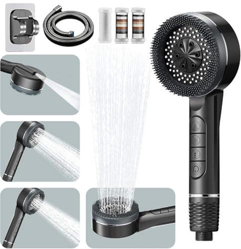 Alcachofa de Ducha de Alta Presión, Alcachofa Ducha Antical con Manguera de 1.5M y soporte, Filtro Ducha 3 +1 Modos de Rociado Cabezal de Ducha y botón de OFF/ON, para Ideal para Aguas Duras,Grey