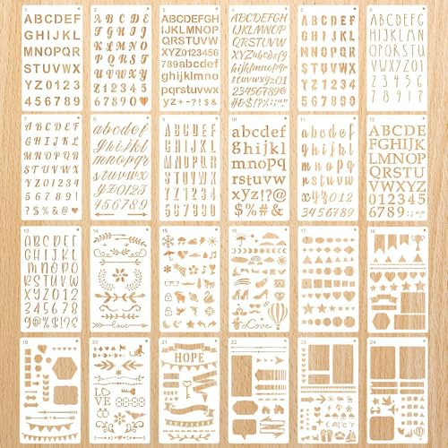 24 Pezzi Stencil Alfabeto Bianco, Kit di Stencil per Calligrafia, Lettere Stencils in Plastica per Pittura, Fai da Te, Decorazioni, Banner, Biglietti, Artigianato