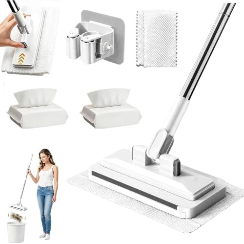 Handsfree plattmopp för flera ändamål, handsfree plattmopp ett klick, 2 absorberande dukar och 2 dammhanddukar, för golv, lövträ, kakel, spegel med mera 95cm
