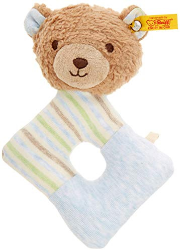 Steiff 242236 teddybjörn Rudy, babygreppring 15 cm, plysch gripring för spädbarn och småbarn, GOTS plyschdjur att leka och lära, original tygdjur med knapp på örat, tvättbar, ljusbrun/blå, brun