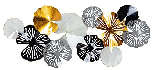 Metallbild 115x49cm Wandbild Blatt Metall Schwarz Gold Deko Ringe Wanddeko Design Wandkunst Metallbild