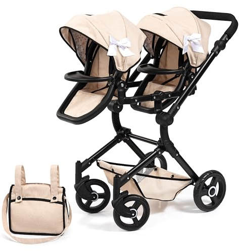 Bayer Design Twin Neo Doll Pram for 2 Dolls up to 18in, Foldable Toy Stroller, Adjustable Handle, Beige & Black