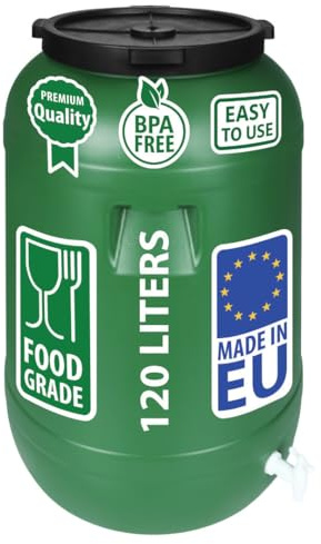 F & R Wasserkanister mit Hahn 120 Liter aus HDPE I I Regentonne mit Deckel I Kanister Hahn I Wasserbehälter mit Hahn I Wassertank I Fass mit Deckel I Regenwassertank Grün