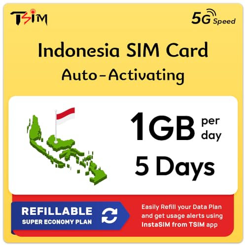 Indonesia Tarjeta SIM de Datos | 5 días, 1 GB/día | Activación automática | Velocidad 5G/4G | Hotspot Permitido | Sin número de teléfono | Plan Recargable a través de la App Insta Sim