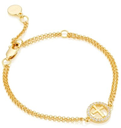 Molly Brown London - Pulsera de oro vermeil de 18 quilates con topacio blanco y halo de cruz de comunión ideal para bautizo, regalos de comunión para niñas, niñas de las flores y damas de honor, talla