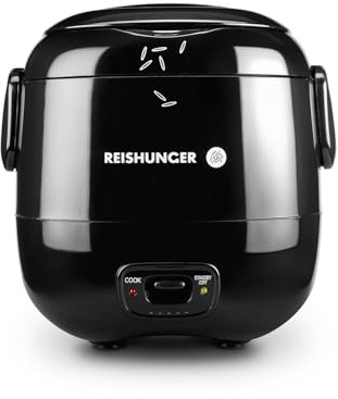 REISHUNGER Mini Reiskocher, schwarz | 0,3 L - 1-2 Portionen | hochwertige Keramikbeschichtung - Premium Topf | Handliche Größe für kleine Haushalte und unterwegs