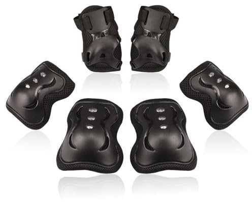 BOSONER Knee Pad for Kids 6 In 1 Knee and Elbow Pads for Children, Protective Gear Set with Wrist Guards, Kids Knee Pads for Skating (Black, Medium(9-15 years))