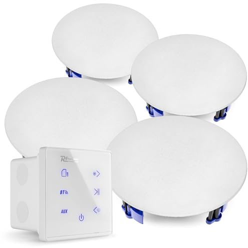 Power Dynamics A100 Bluetooth Deckenlautsprecher Set - 4X Einbaulautsprecher 6,5 - 80 Watt Verstärker Unterputzradio, 55mm Tief - Radio, USB & SD für Wohnzimmer, Büro, Gastro & Außenbereich