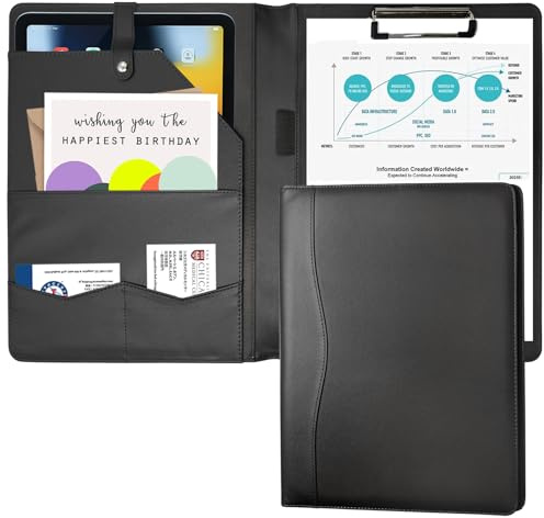 Portfolio Folder Padfolio with Clipboard, Faux Leather Portfolio Clipboard Conference Binder Writing Folder for Legal Pad Documents Card Organizer Men Women Black