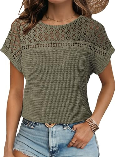 Dokotoo Ladies Summer Tops Short Sleeve Round Neck Waffle Knit Hollow Out Women's T-Shirts Loose Fit Women Tee Shirts Casual Solid Color Oversized Womens Blouses Top Moss Green XL