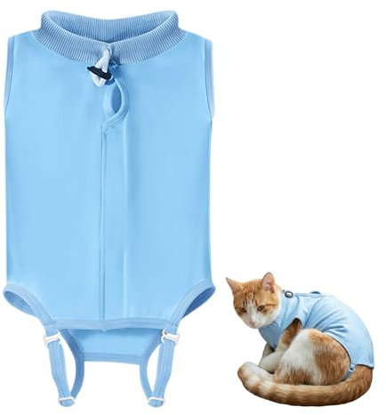 Cat Recovery Suit,Post Surgery Onesie for Kitten,Breathable Soft Anti Licking Puppy Bodysuit,Spay Surgical Recovery Clothes for Abdominal Wounds Skin Diseases,Elizabethan Collar Alternative (Blue，L)