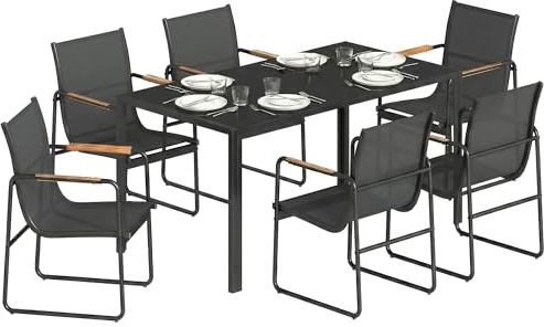 Outsunny Ensemble de Salle à Manger d'Extérieur 7 Pièces pour 6 Personnes, Table en Verre et Chaises avec Accoudoirs Décoratifs, Mobilier de Jardin en Acier pour Terrasse et Jardin, Noir