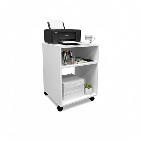 Baroni Home Carrello Ufficio Bianco con 4 Rotelle Girevoli a 360°, Mobiletto Organizer 2 Scomparti per Stampante e Cancelleria, Struttura in MDF Resistente, Montaggio Facile, 35x40x55 cm