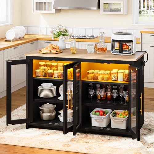 YITAHOME îlot de Cuisine avec Prise de Courant et lumières LED, Table de Bar pour Petit déjeuner avec Espace Assise, armoires Doubles avec Portes en Acrylique, Armoire réglable à Trois Couches, 130 x