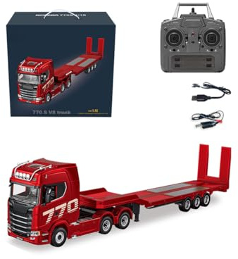 MECHIX Camion tracteur robuste télécommandé à l'échelle 1/18 avec remorque à plat, camion tracteur RC 6 x 4 770S avec lumières et son (rouge)
