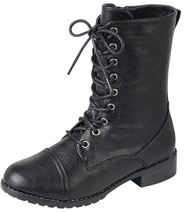 Forever Link Womens Mango Round Toe Military Lace up Knit Ankle Cuff Low Heel Combat Boots Black 9 B(M) US