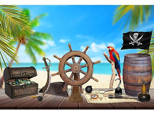 YongFoto 2,2x1,5m Vinyl Foto Hintergrund Piratentisch aus Holz Schiffsrad Schatzkarte Rum Kompass Messer Palme Strand Fotografie Hintergrund Backdrop Fotostudio Hintergründe Requisiten