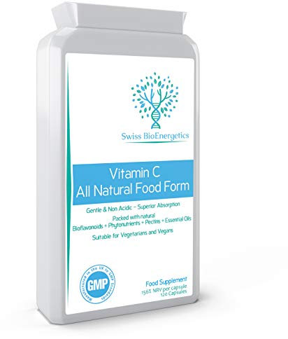Natural Vitamin C 120 Capsules – Optimum Absorption All-Natural Food Form - Gentle & Non-Acidic - Packed with Bioflavonoids, Pectins, Essential Oils & phytonutrients - NO Synthetic ascorbic Acid