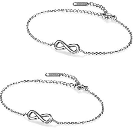 Flongo Ankelkedja vänskapsarmband, vänskapsarmband för 2 rostfritt stål armband vristlänk hjärta oändlighetsskylt roséguld silver eleganta damer flickor, Rostfritt stål,