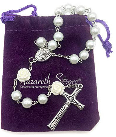Nazareth Store Weiße Perlen, Rosenkranz, Rosen, geheimnisvolle Perlen, Gebetskette, unsere Rosen-Lourdes-Medaille und unser Kreuz-Kruzifix