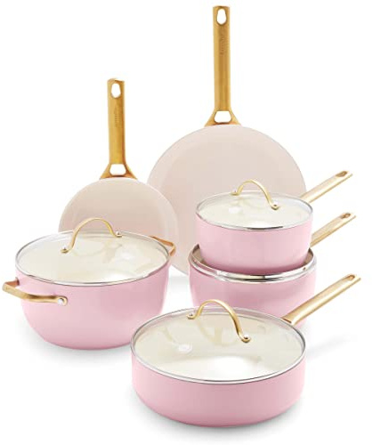 GreenPan Reserve Hard Anodised Healthy Ceramic Non Stick 10 Piece Cookware Set Pots and Pans Gold Handle PFAS Free Dishwasher Safe Oven Safe Blush Pink