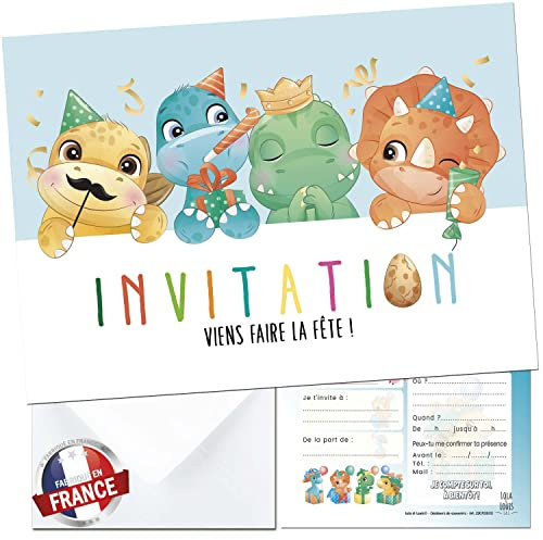 Lola et Louis (L&L) 10 cartes invitation anniversaire en Français • 10 enveloppes • Thèmes Dinosaures, Dinos, Fête, Baby dino • Cartons pour inviter filles et garçons