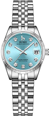 BUREI 30MM Mode Damen Uhr Silber Edelstahl Armbanduhren Analog Quarz Uhren mit Kalender muttertagsgeschenk