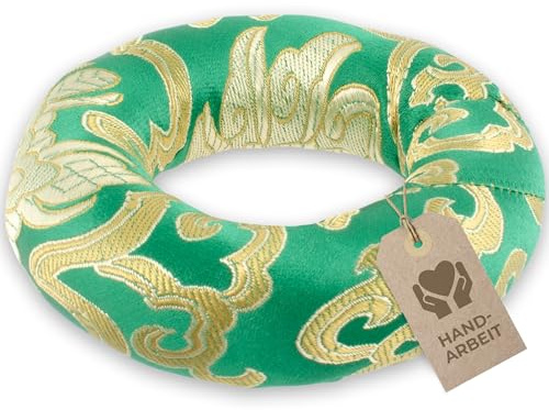 Singing bowl cushion in ring shape for the secure position of your singing bowl (up to Ø 20 cm / 7.9 in) and more sound, traditional craftsmanship, green-gold