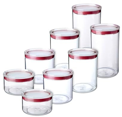 Tatay Set de 8 botes de cocina para almacenaje de alimentos (2x0,5L, 2x1, 2x1,5L, 2x2L), Libre de BPA, Apto Lavavajillas, Apilables,Transparente, Rojo