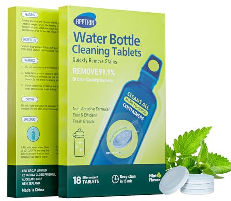 APPTRIN Water Bottle Cleaning Tablets, Bottle Clean Tablet Pack of 18, Cleansing Tablets for All Plastics and Glass Drinking Containers,Individually Packed,Mint