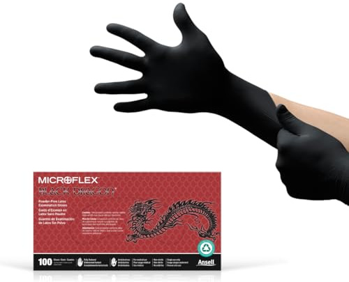 Ansell MICROFLEX Black Dragon BD-100L 6mil Disposable Latex Gloves w/Full Texture for Food Processing, Automotive - Medium, Black (Box of 100)