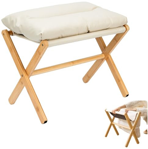 bimiti Bambus Fußhocker Klappbar,Rechteckig Moderner Polsterhocker,Holz ottomane hocker mit Bambusbein und Abnehmbar Gepolsterteschuhwechsel hocker klappbar für Wohnzimmer Schlafzimmer, Beige (Beige)