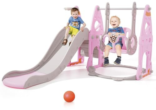 Scivolo per Bambini 4 in 1 Scivolo da Giardino con Altalena Regolabile e Cestino da Basket, Parco Giochi Esterno ed Interno per Bambini 18 Mesi + (Nave+Rosa)