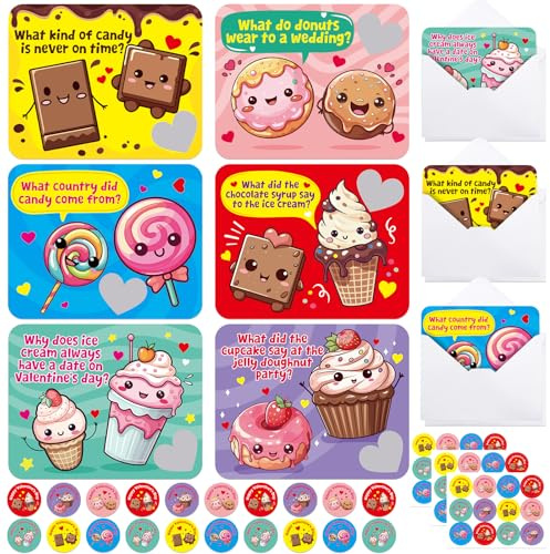 Fancy Land Valentines Cards Scratch Off Jokes for Kids Sweet Dessert Card with Envelopes for Boys Girls Holiday Exchange Supplies 36Pcs