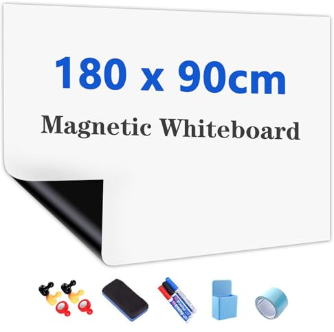JOMUSAGA Self-Adhesive Magnetic Whiteboard Wall Sticker, 180 x 90 cm | Dry Erase White Board Film Compatible with Magnets, Includes Markers, Eraser & Magnets – Ideal for Classroom, Home & Office