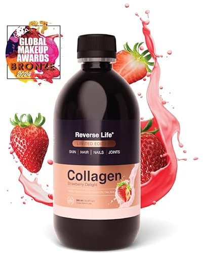 Reverse Life - Bovine Collagen Supplements - Nails, Skin, Hair Supplements for Women and Men - Hair Care Contains Biotin, Vitamin D3, Folic Acid, Hyaluronic Acid - Strawberry Delight Flavour - 500ml