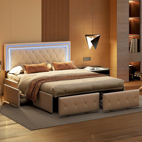 BRILVERDE Lit double rembourré, 140 x 200 cm, avec éclairage LED et 4 tiroirs, cadre de lit avec sommier à lattes, lit pour adolescent, lit d'invité (blanc)