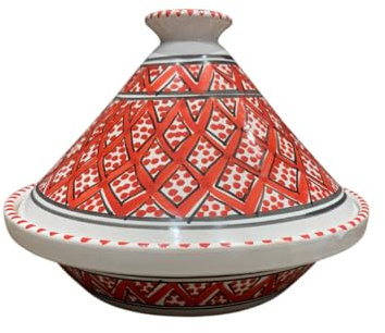 Red and White Coloured Bakir Tagine Handmade Tunisian - Traditional Tagine for Cooking in the Oven and Fire - Handmade Ceramic 27cm - Perfect for Fish, Poultry, Meat, Vegetables & Stews -