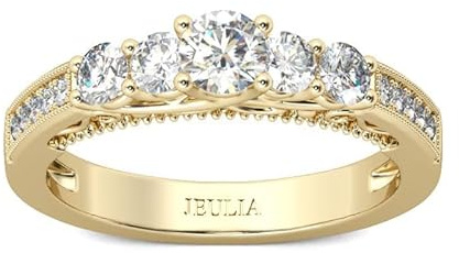 Jeulia 9ct Gold Engagement Rings for Women Five Stone Round Cut 925 Silver Diamond Wedding Rings Promise Eternity Stacking Rings Classic Retro Bridal Set Jewelry with Giftbox (Yellow,N-½)