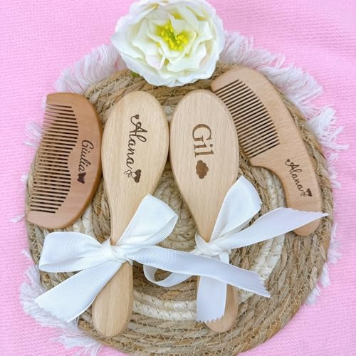 Set Personalizado de Cepillo Y Peine Para Bebés Recién Nacidos, Peine de Madera Para Bebés, Previene La Costra Láctea, Cepillo Con Cerdas Naturales de Cabra, Regalos Para Baby Shower