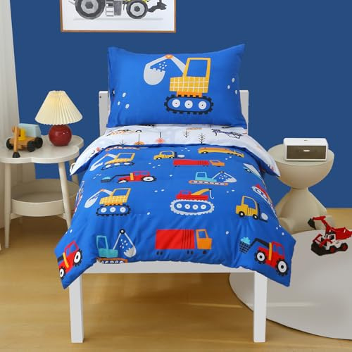 JQWUPUP Blue Car Truck Cot Bed Duvet Cover Set 120 x 150cm for Boys, Reversible Excavator Microfibre Toddler Bedding Set with Zipper